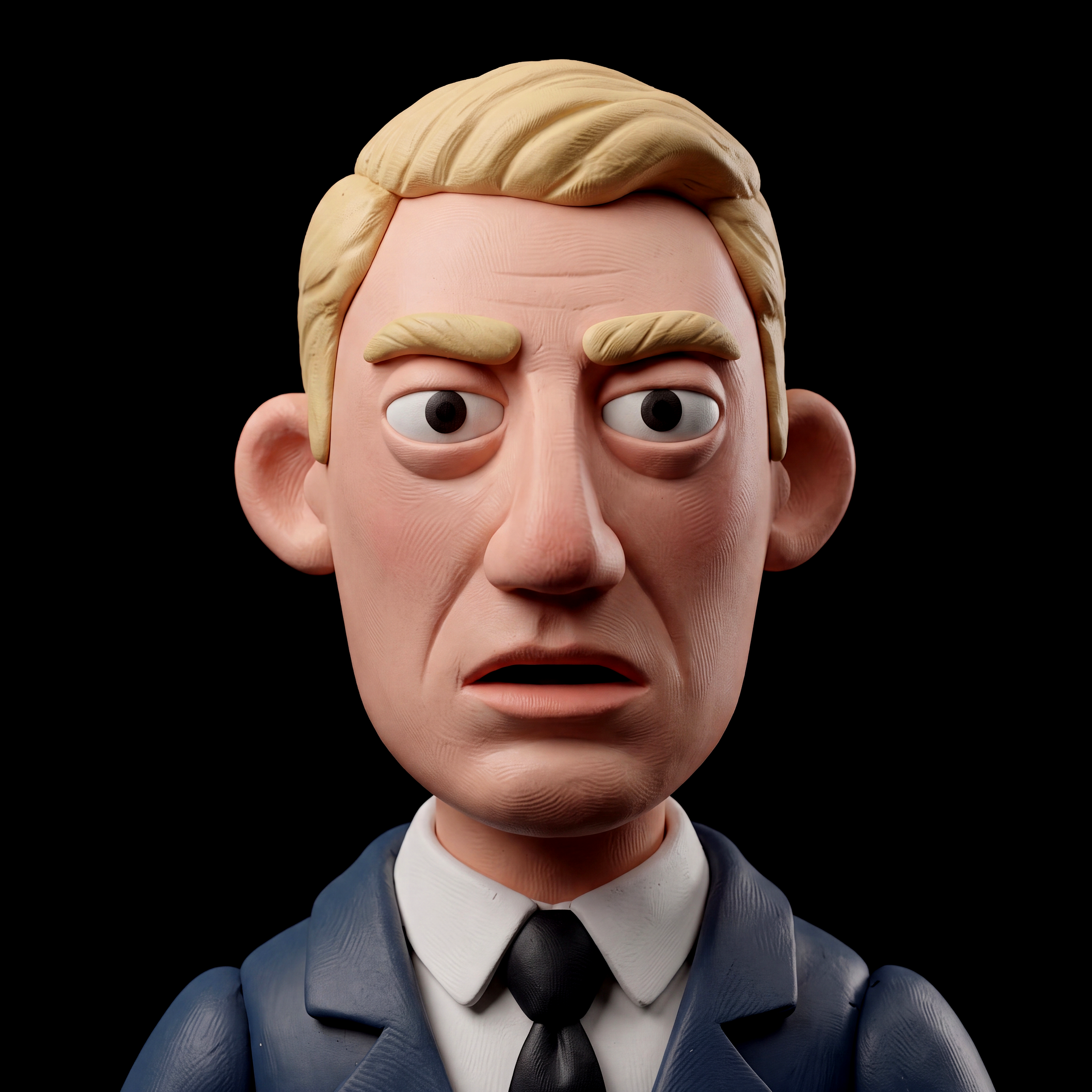 Close-up of a cartoon character with blonde hair, large eyebrows, and wearing a blue suit with a white shirt and black tie, set against a black background.