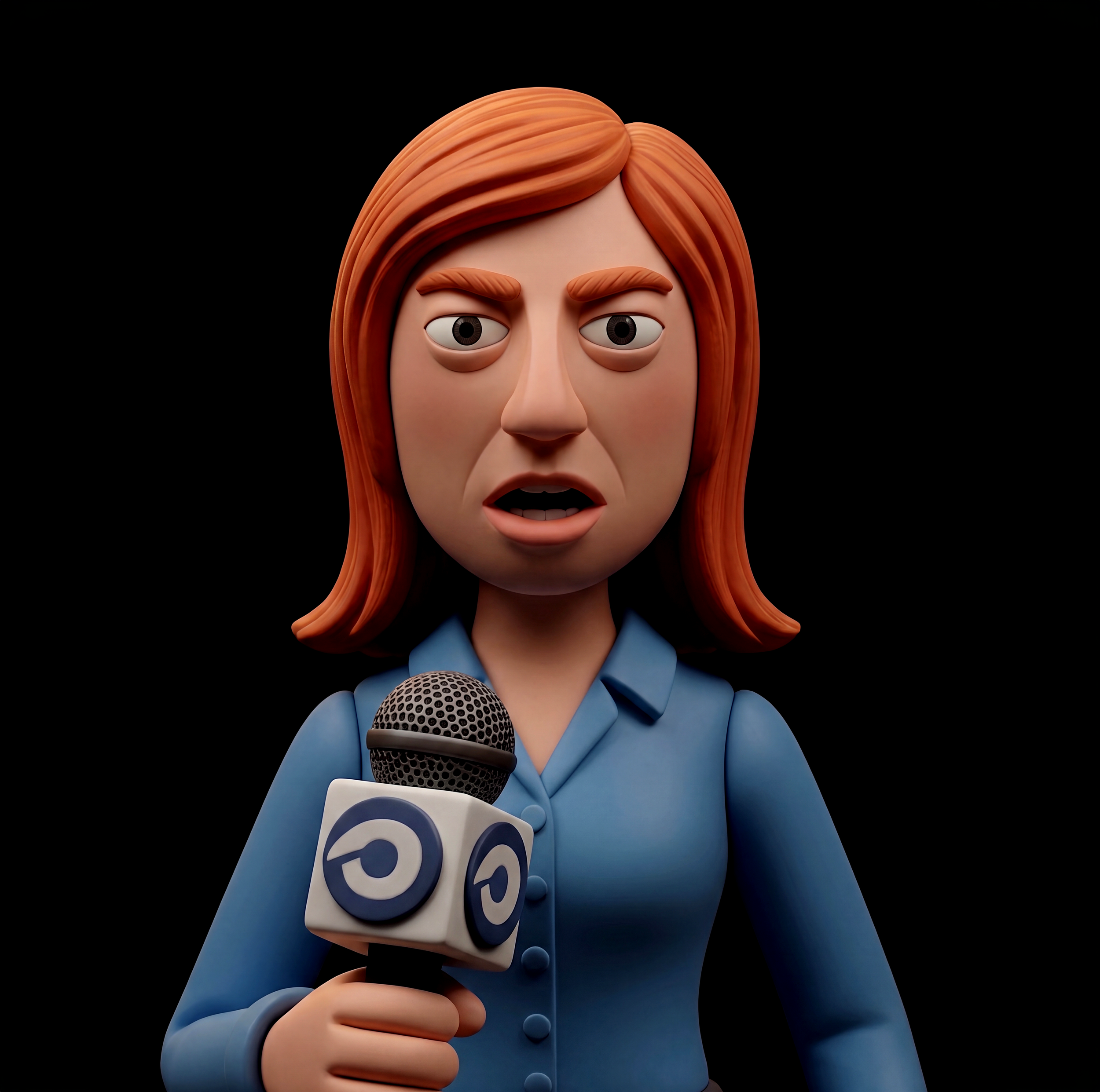 A cartoon-style figure of a woman with red hair, wearing a blue blazer, holding a microphone, and giving a thumbs-up gesture. She appears to be a news presenter or speaker.