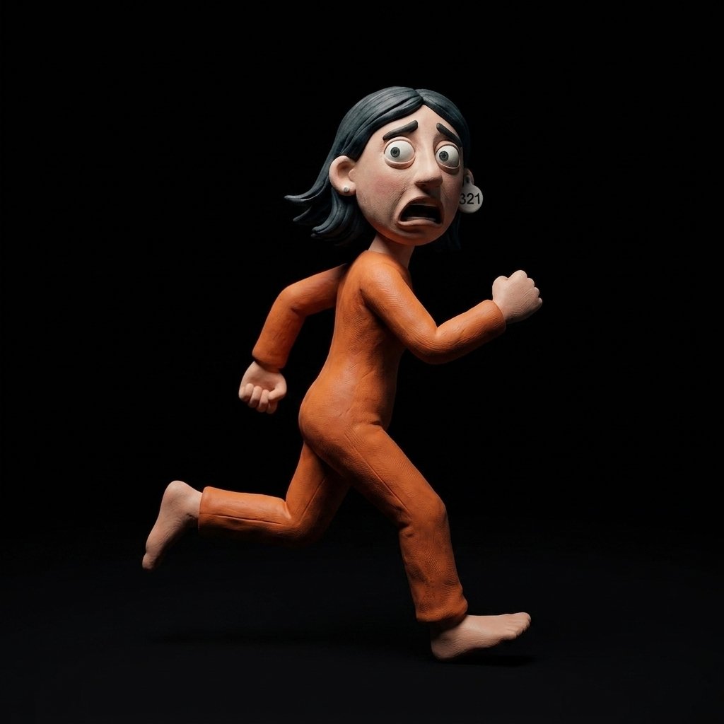 A clay or animated figure of a woman running, with a worried or scared expression, wearing an orange jumpsuit, against a black background.