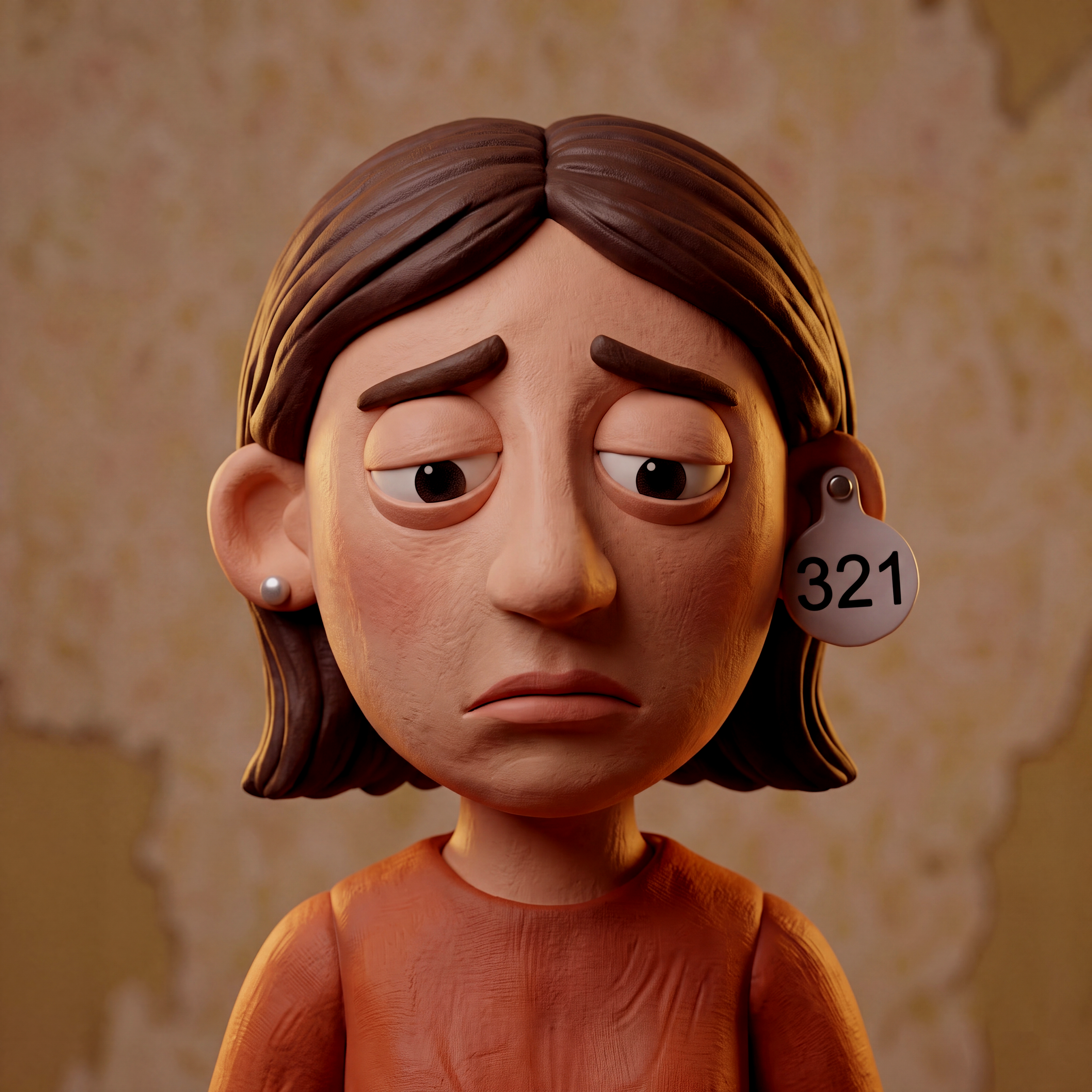 Close-up of a cartoon figurine's face and shoulders, with brown hair, brown eyebrows, and a slightly furrowed expression, against a blurred background.