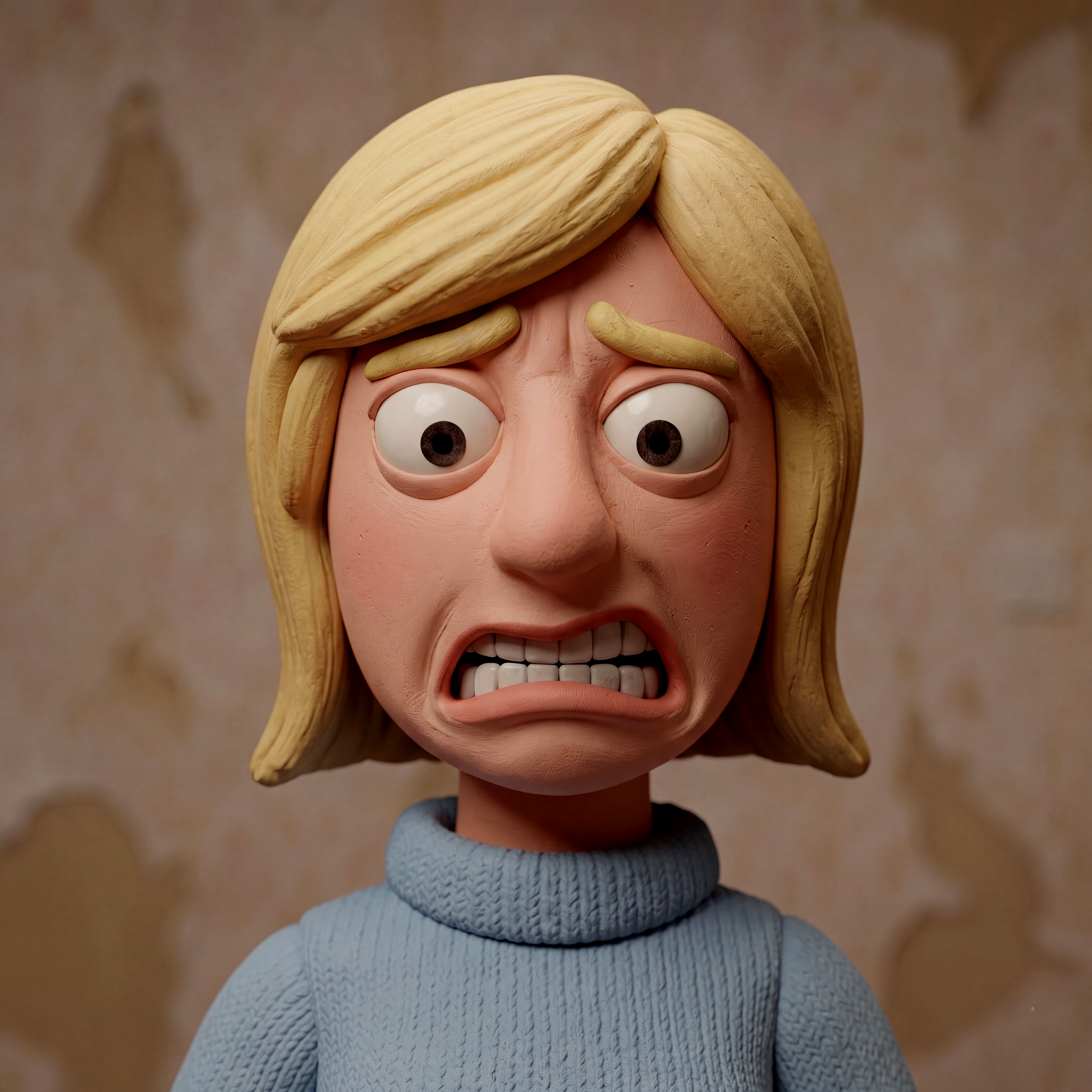 A person wearing a blue knit sweater with a hoodie has a cartoonish mask of a surprised face with wide eyes and open mouth, with a blonde wig on top.
