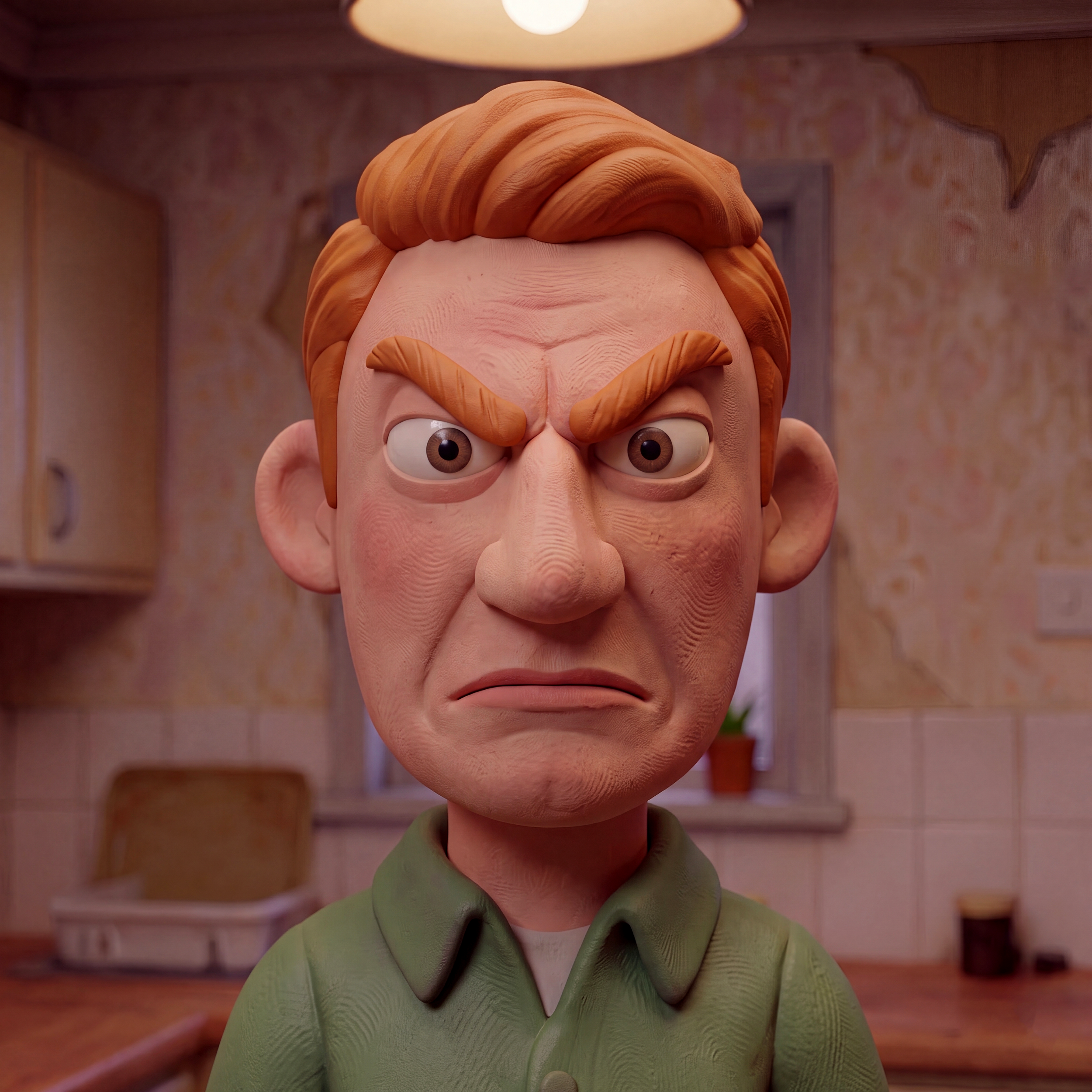 Close-up of a cartoon character with orange hair, large eyes, and furrowed eyebrows, wearing a light green jacket and a white shirt in a room with wood-paneled walls.