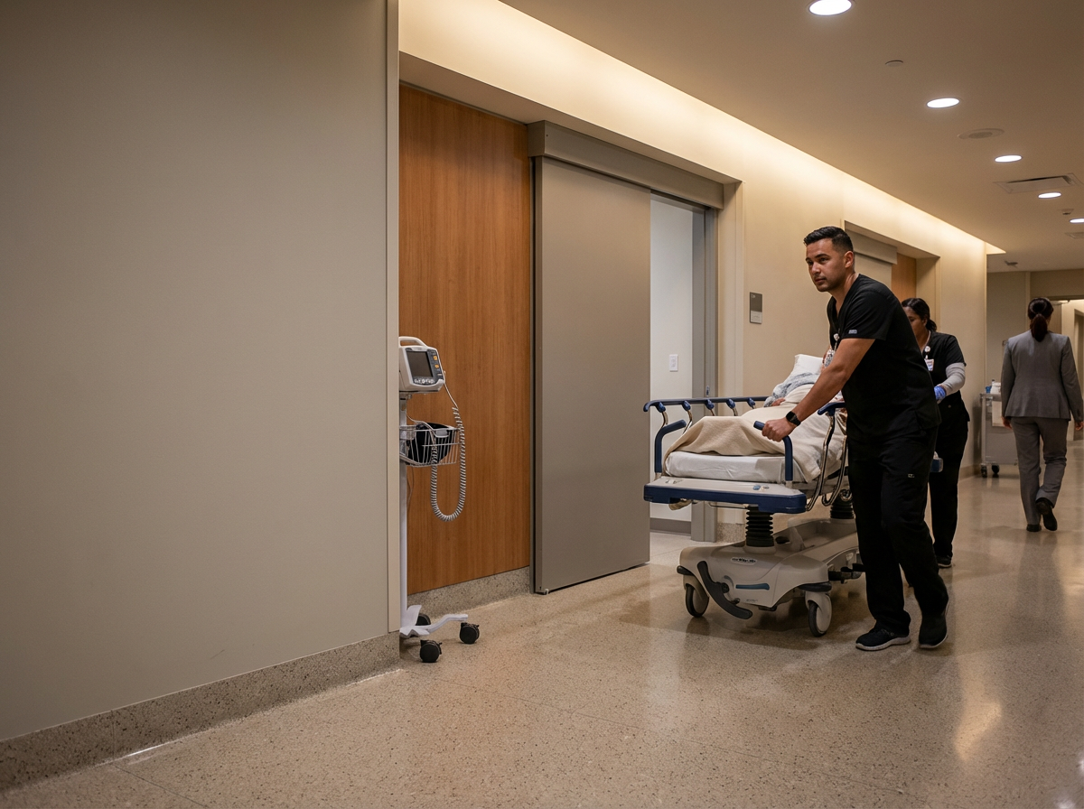 Healthcare workers pushing a hospital bed with a patient through a hospital hallway.