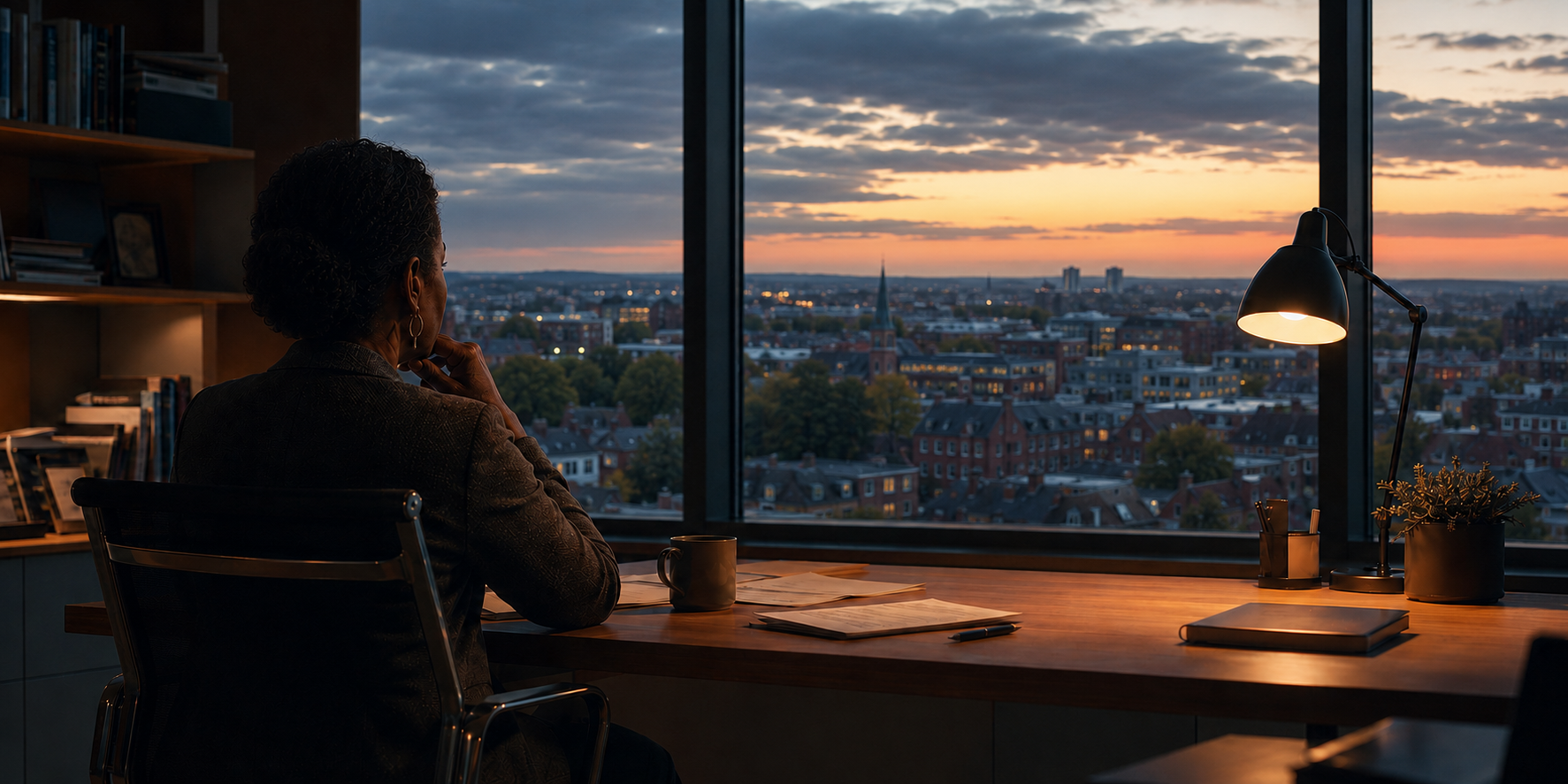 A professional woman reflecting at her desk as daylight fades outside