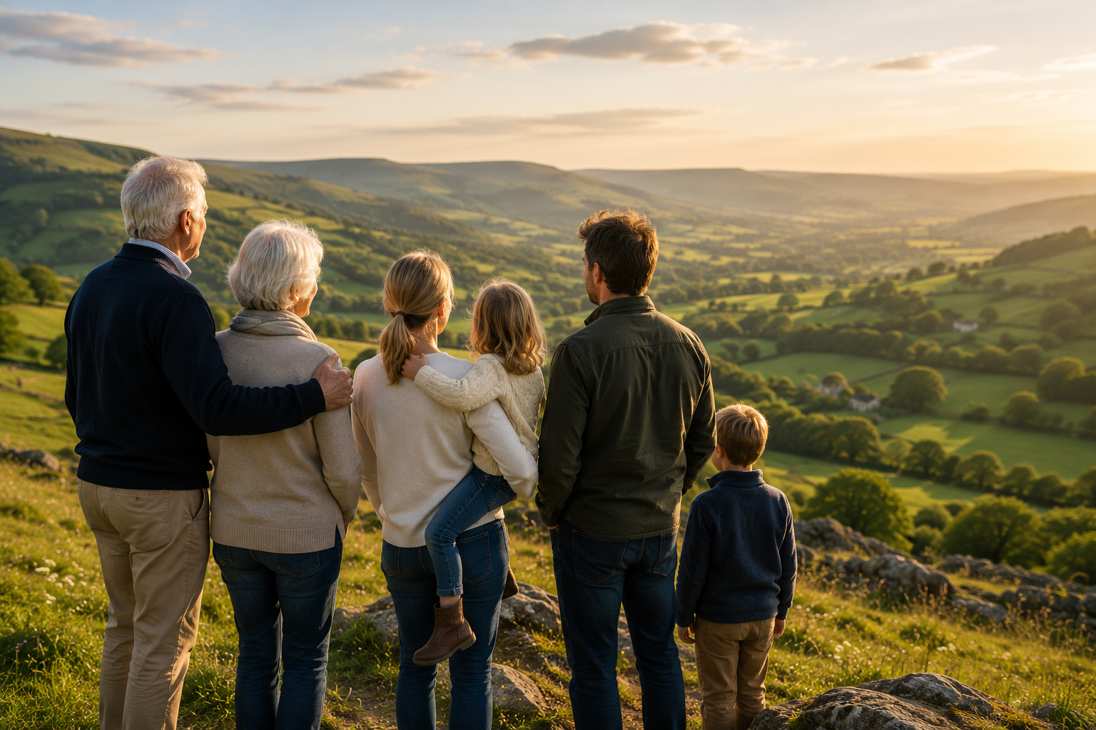 Three generations of a family looking across the countryside together