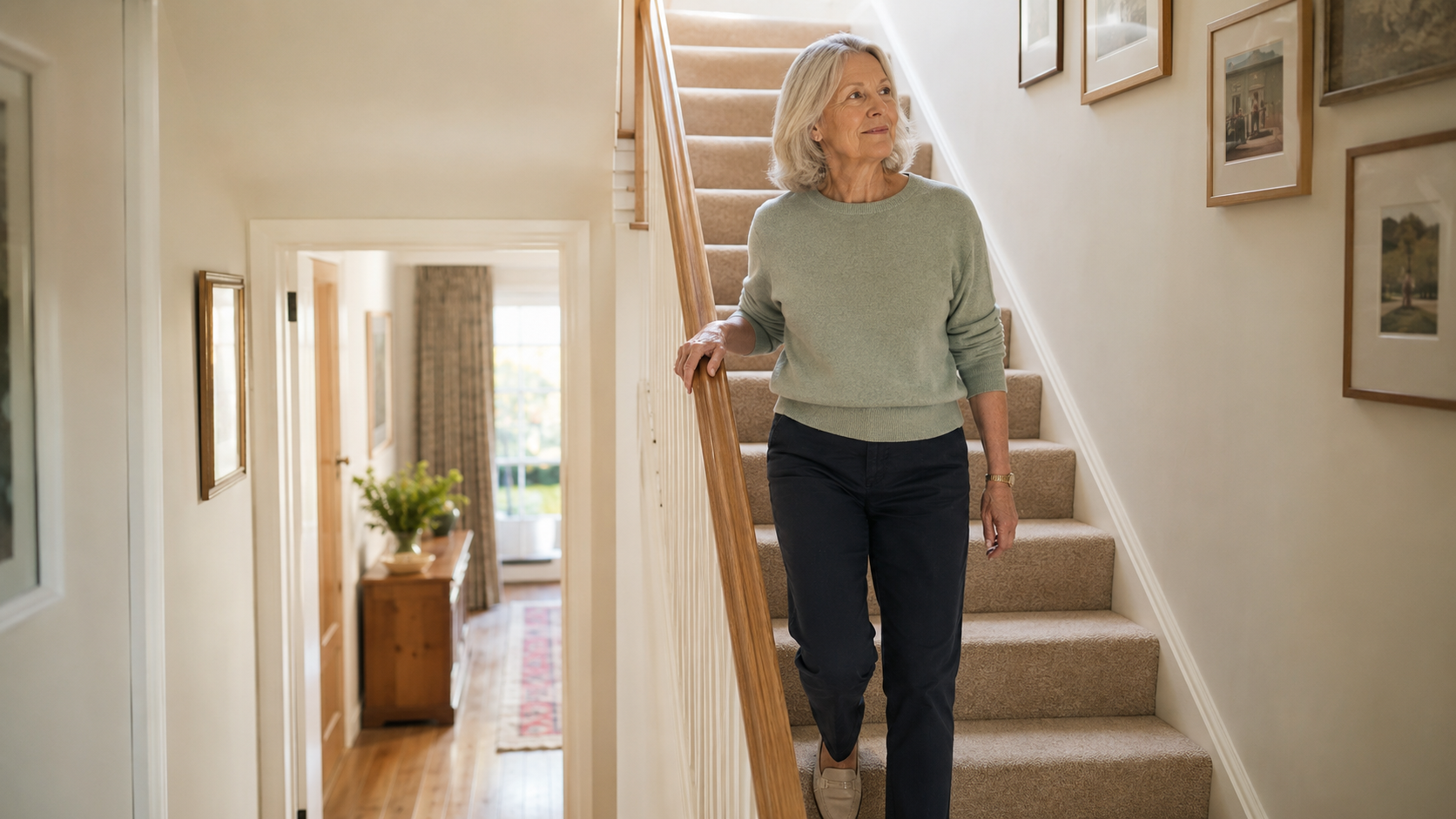 An active older woman using the stairs in her home