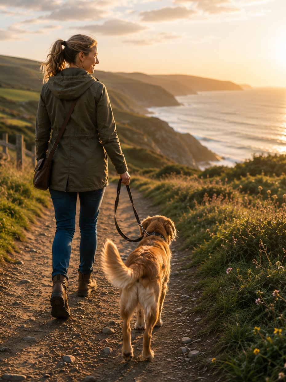Woman walking her dog along a coastal path at sunset.
