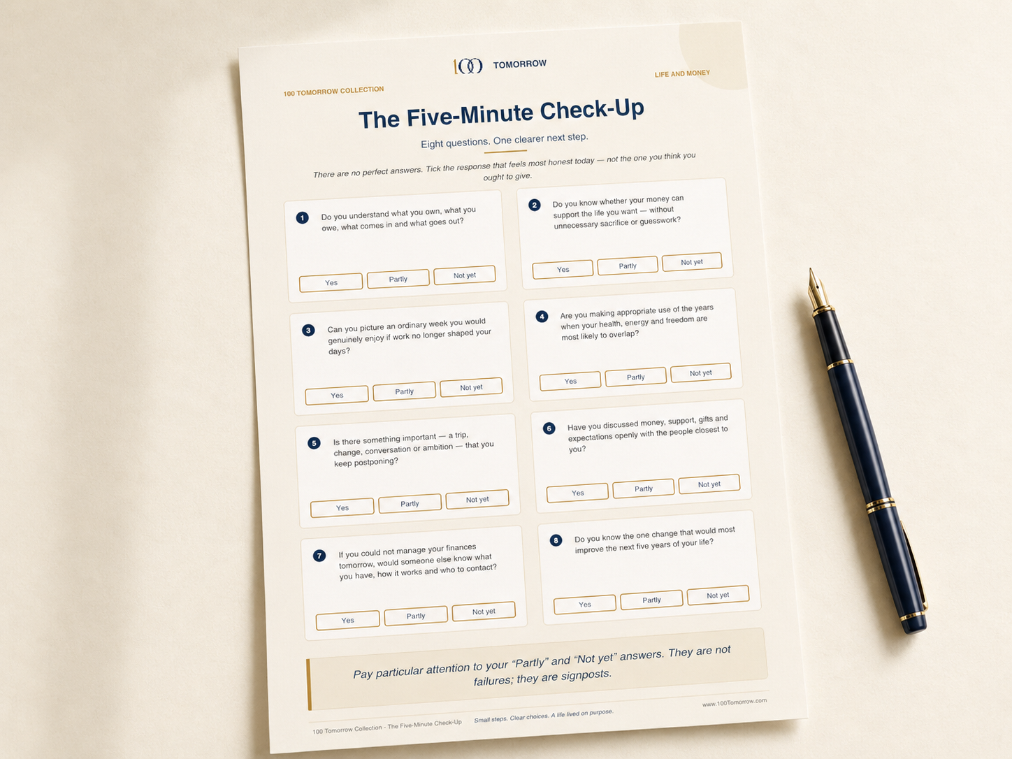 The 100 Tomorrow Five-Minute Check-Up displayed beside a navy fountain pen.