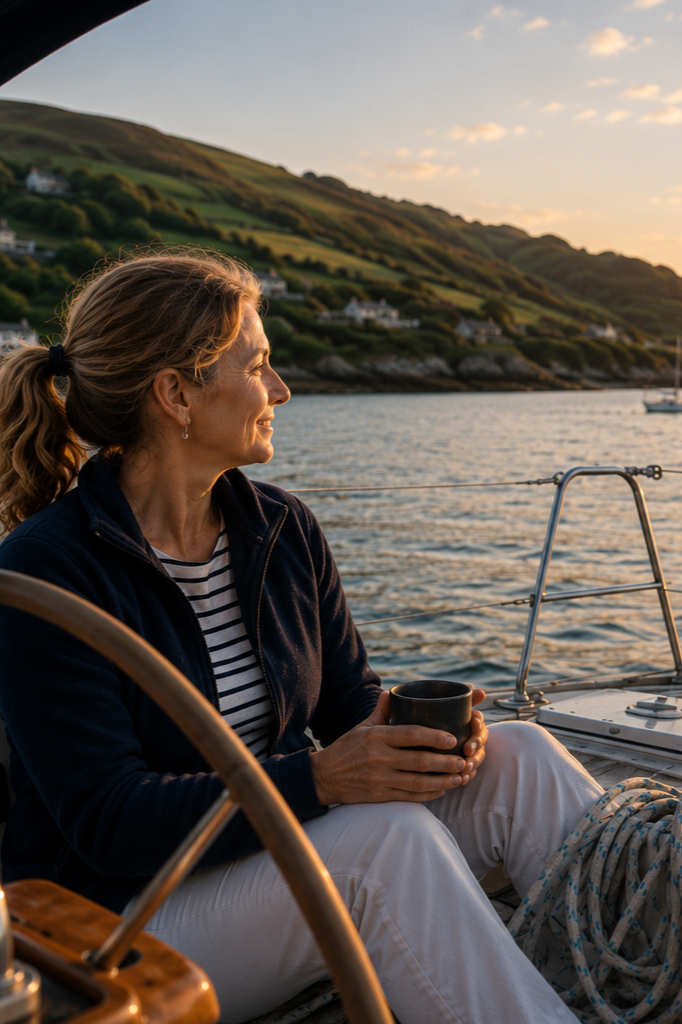 Woman enjoying a peaceful evening on a sailing boat.
