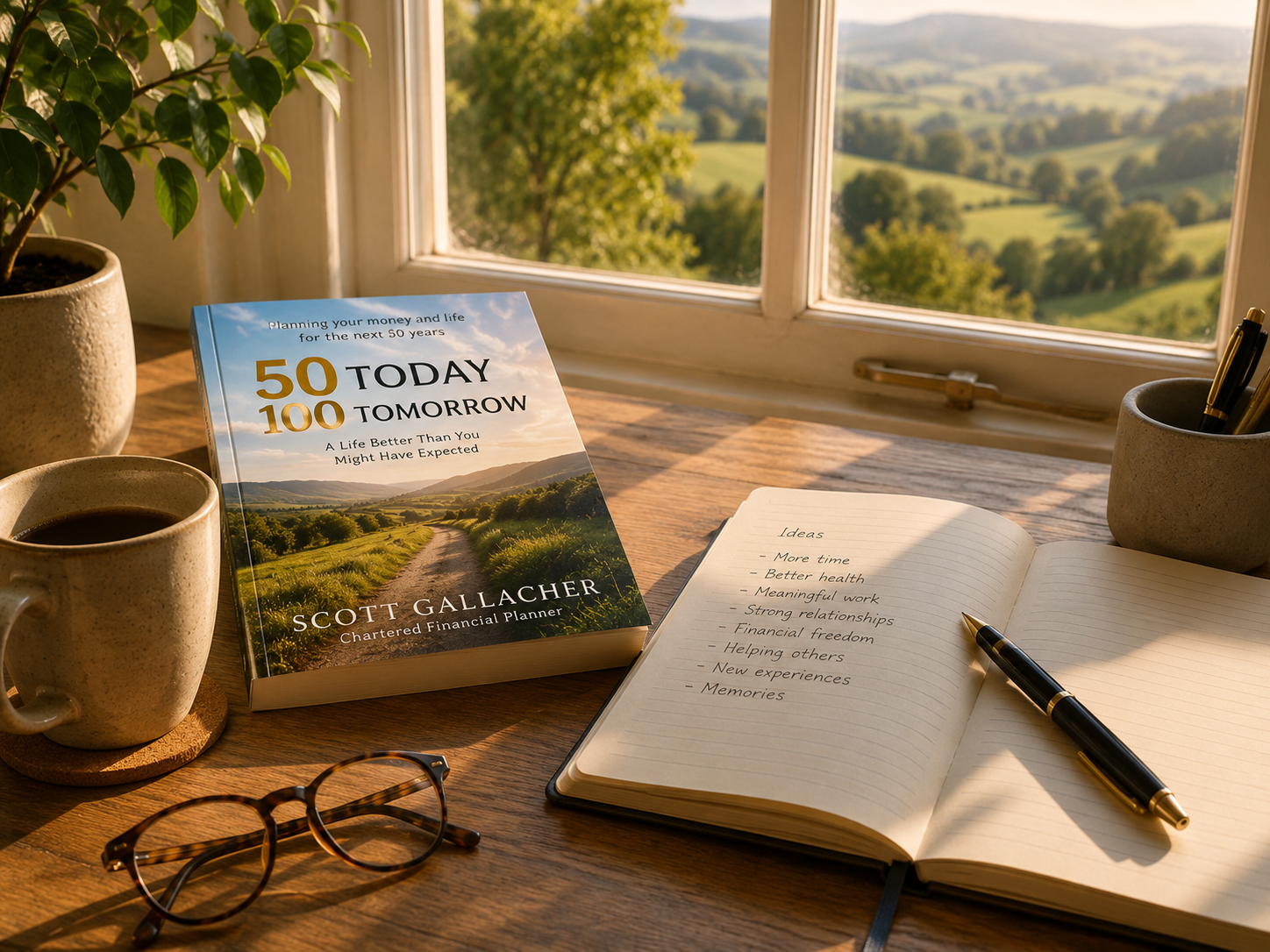 Copy of 50 Today 100 Tomorrow beside a notebook and coffee