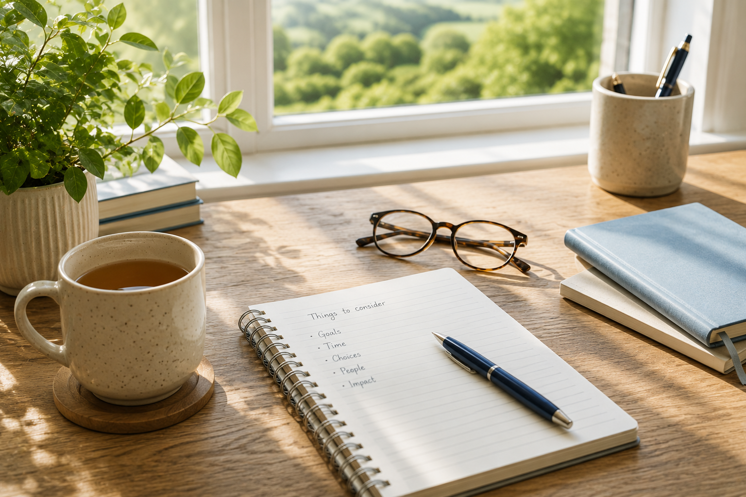 Notebook, coffee and glasses beside a sunlit window