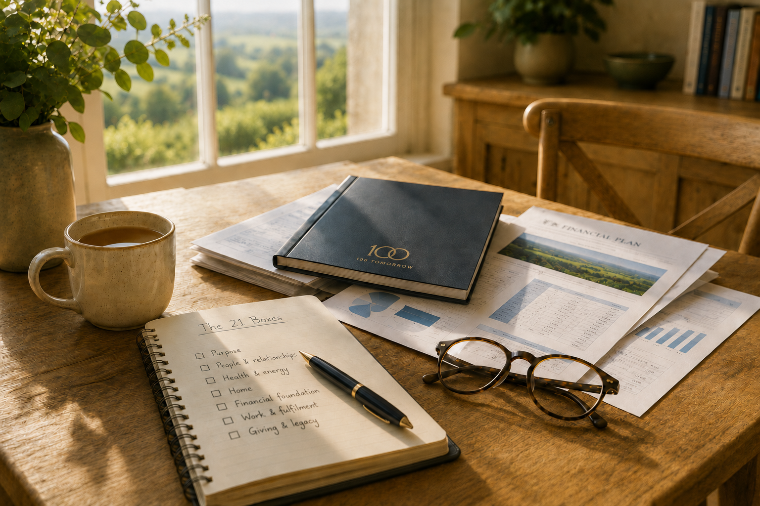 100 Tomorrow notebook on a sunlit desk