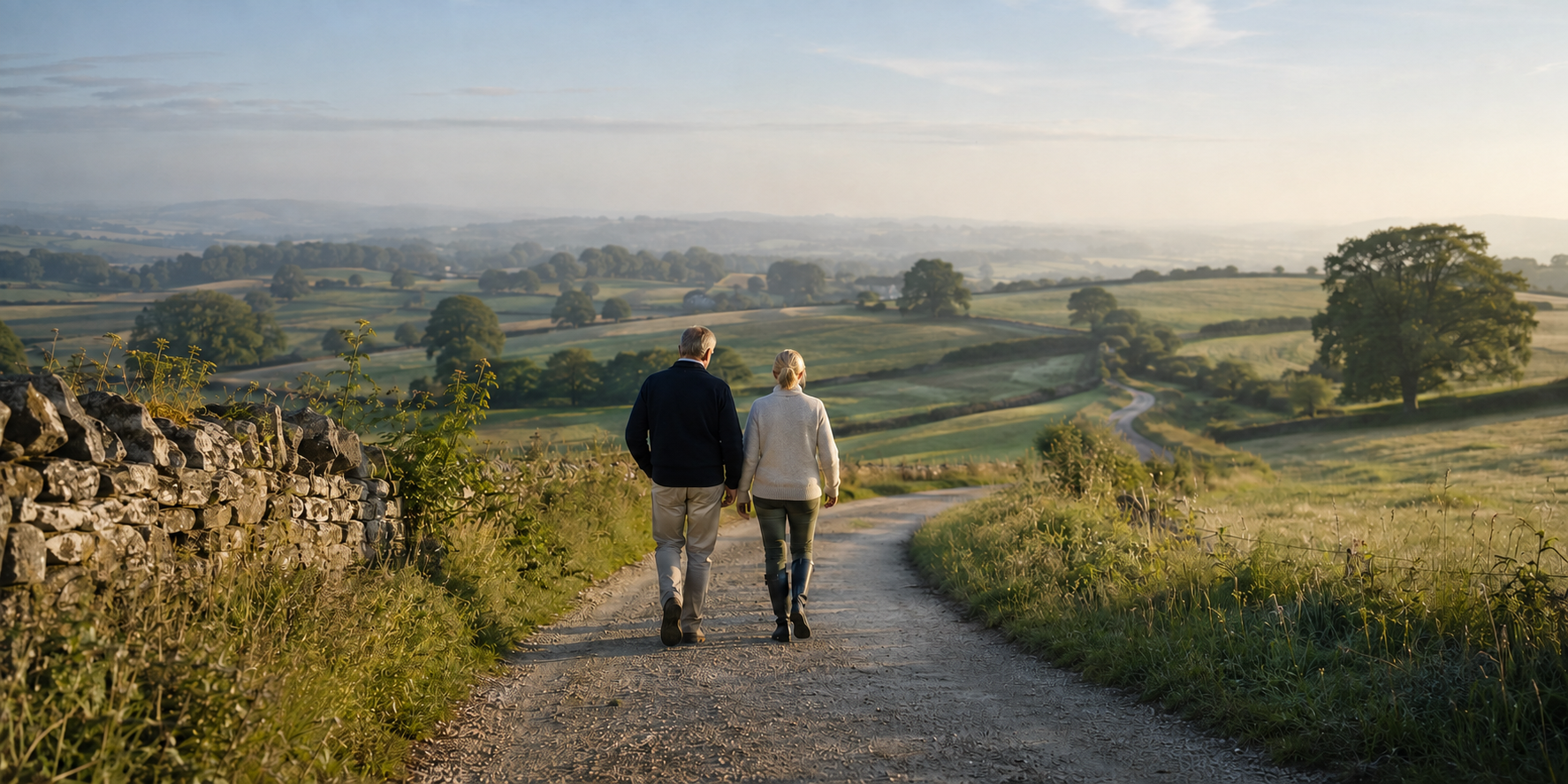 Couple walking along a winding country path, representing financial planning for a longer life.