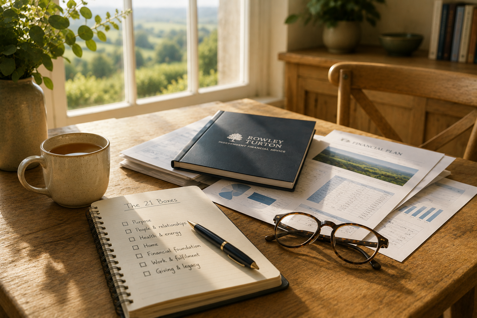 Notebook, pen and planning folder on a desk beside a window.