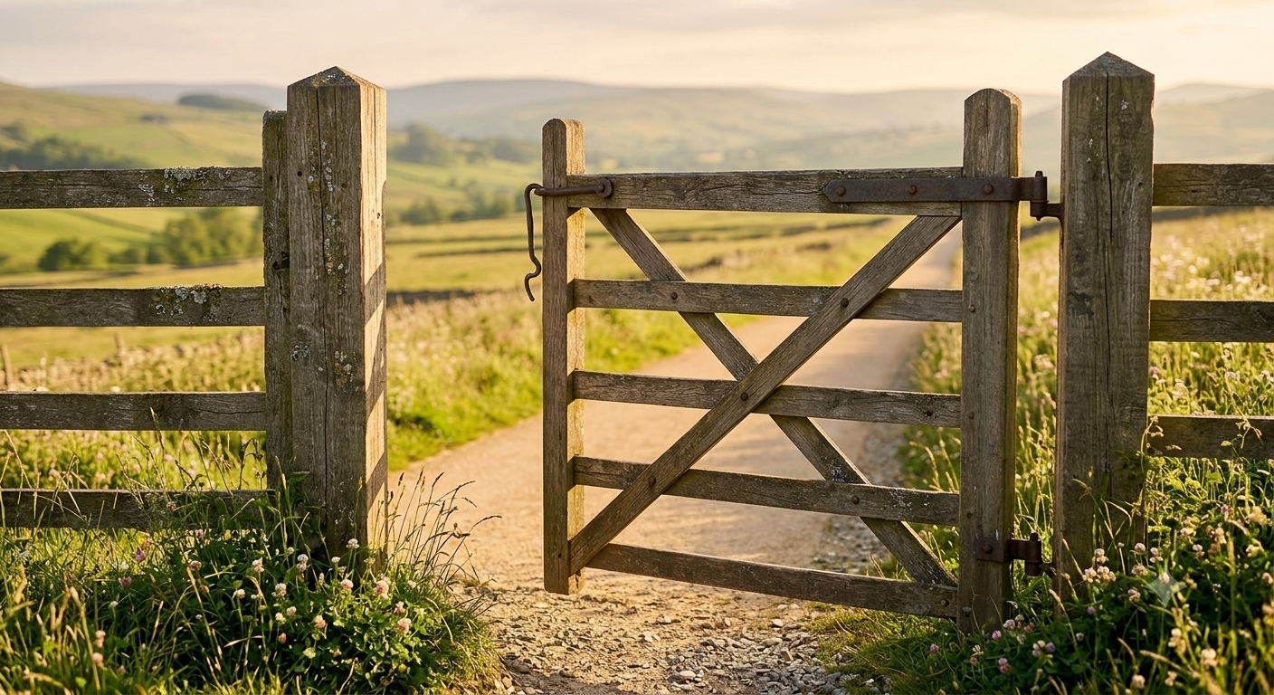 Open wooden gate leading onto a countryside path.