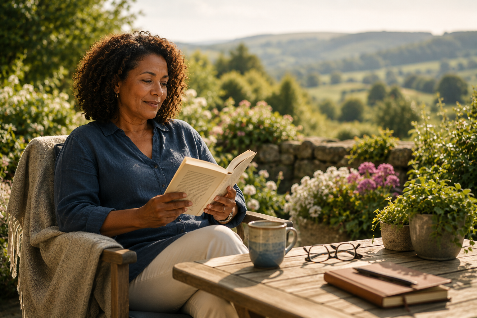 Woman reading a book in a peaceful garden setting.
