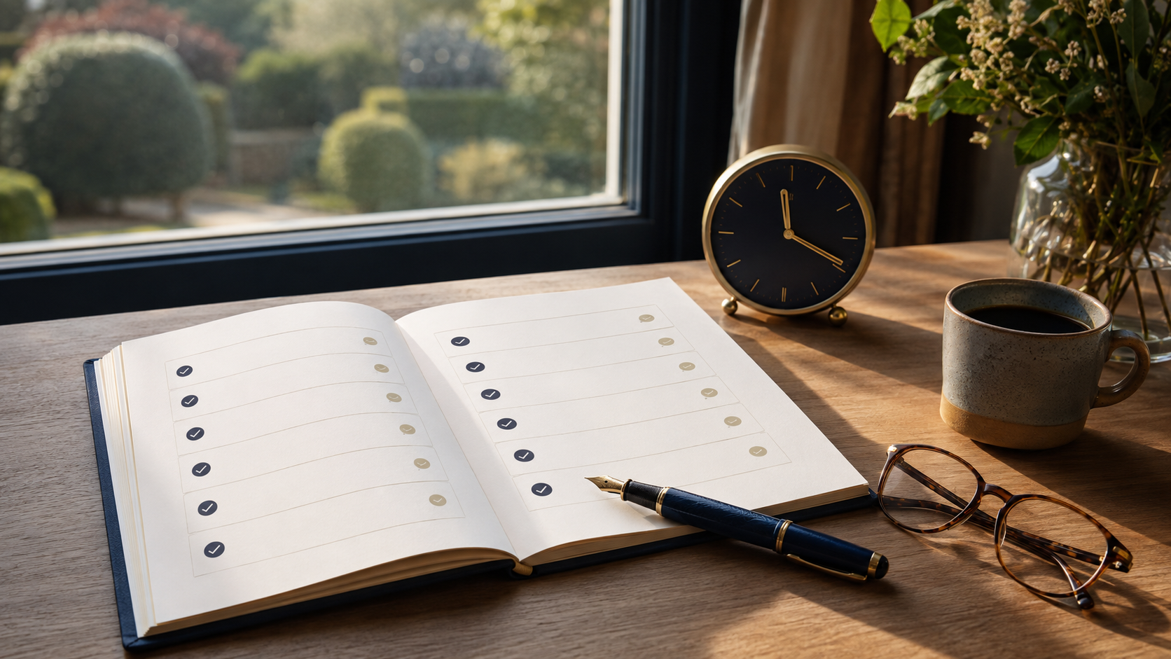 An open life and money checklist beside a clock, pen and reading glasses