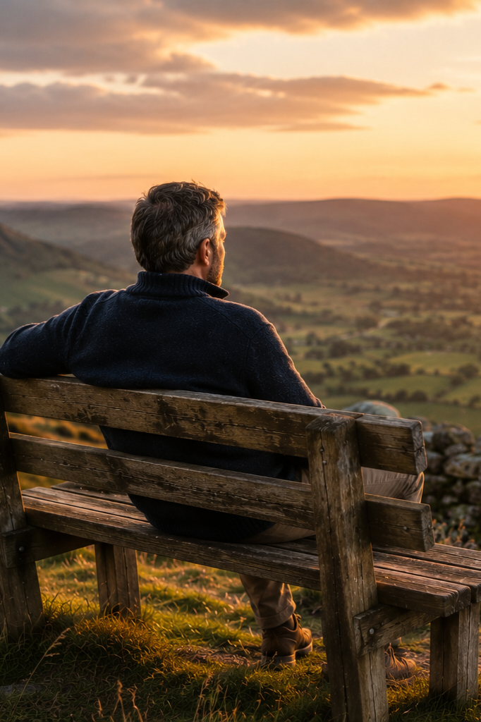 Man sitting on a bench overlooking a countryside valley at sunset.