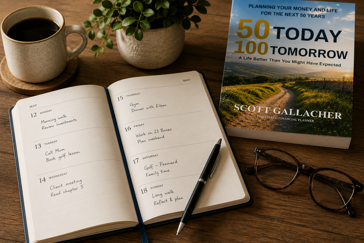 50 Today 100 Tomorrow beside an open planner and notebook.