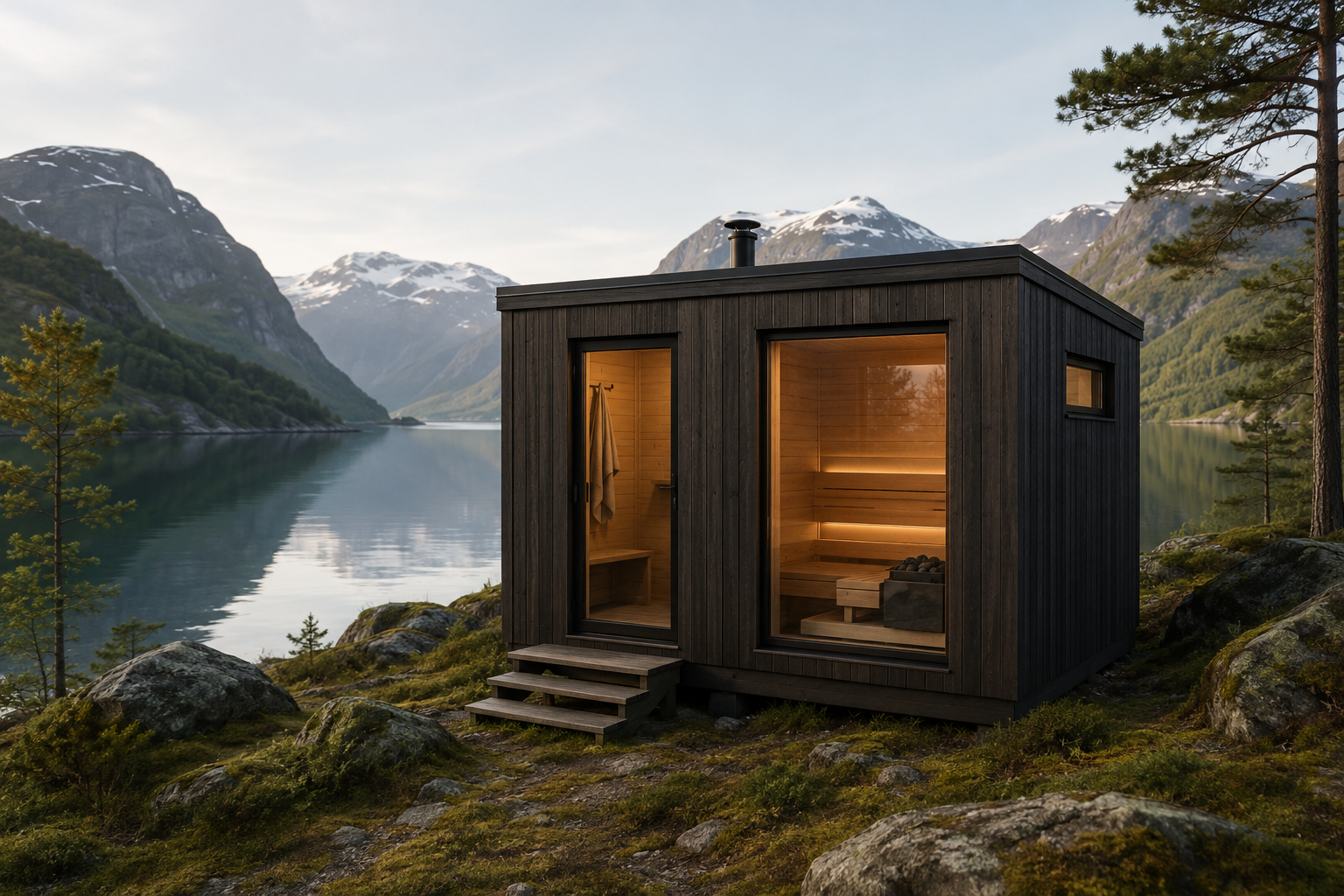Bespoke outdoor sauna with large glass front, built to order