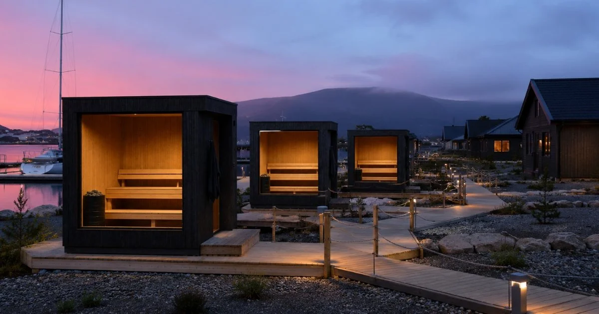 Isolerte badstuer for utleie og camping ved norsk fjord, med flere moderne badstuehus for helårs bruk.