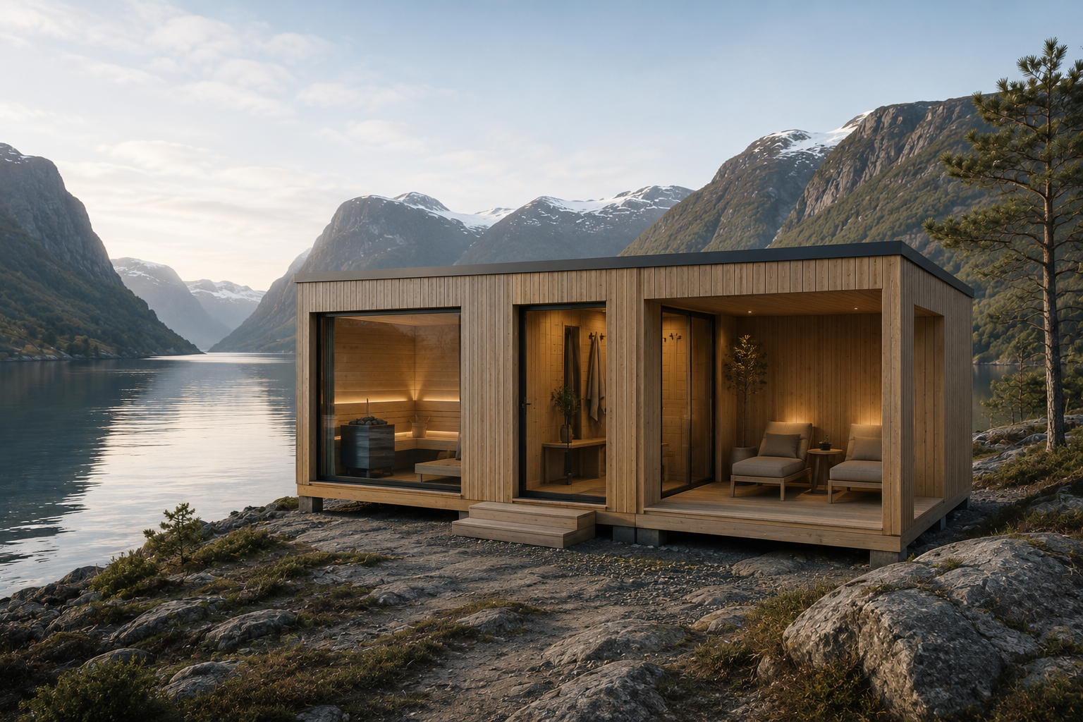 Nordbadstu Fjord — komplett utendørs badstuehus med garderobe og relaksjonssone, 2,4 × 6,0 m