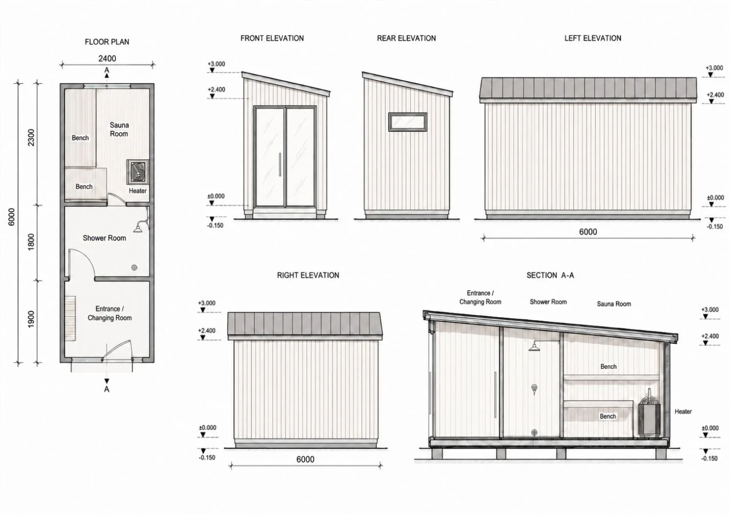 Technical drawing of a Nordbadstu sauna built to the customer's design