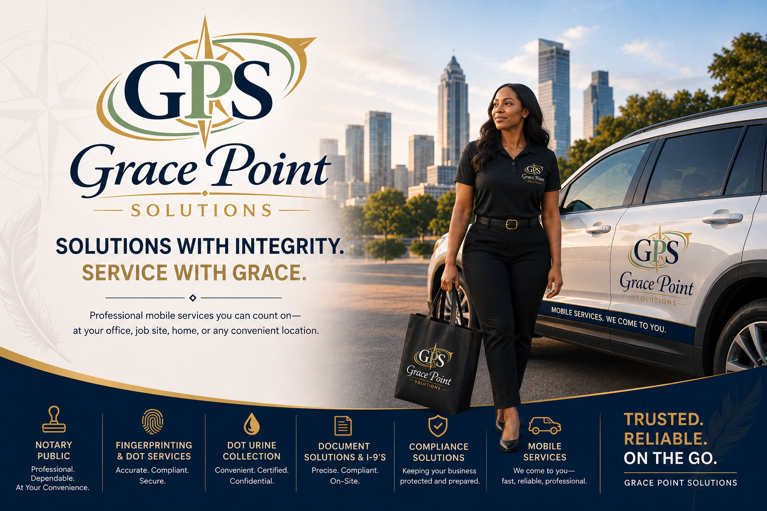 A promotional image for Grace Point Solutions featuring a woman carrying a shopping bag with the company's logo, standing next to a vehicle with the logo on the door, with a city skyline in the background. The image highlights services such as notary public, fingerprinting, dot urine collection, document solutions, compliance solutions, and mobile services, with the slogans 'Solutions with integrity' and 'Service with grace.'