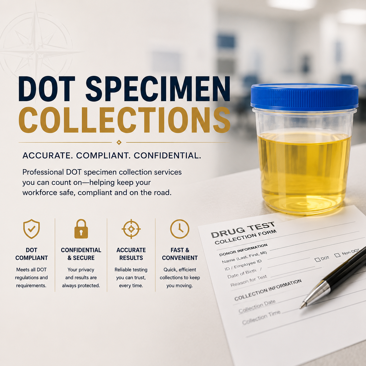 Sign titled 'Dot Specimen Collections' with a container of yellow liquid, drug test collection form, pen, and icons representing compliance, confidentiality, accuracy, and convenience.