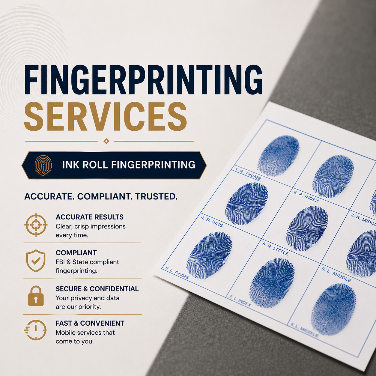 A flyer advertising fingerprinting services, featuring fingerprint images and text highlighting accuracy, compliance, confidentiality, and convenience.