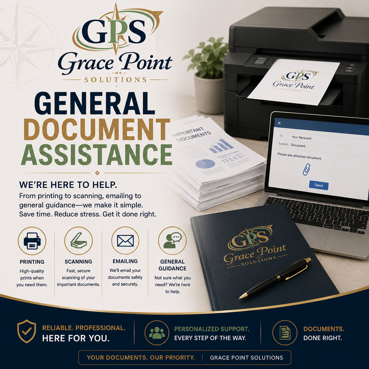 Company flyer for Grace Point Solutions promoting general document assistance services. Features a printer, a stack of printed documents, a laptop with an email draft, a notebook with the company logo, and icons for printing, scanning, emailing, and guidance.