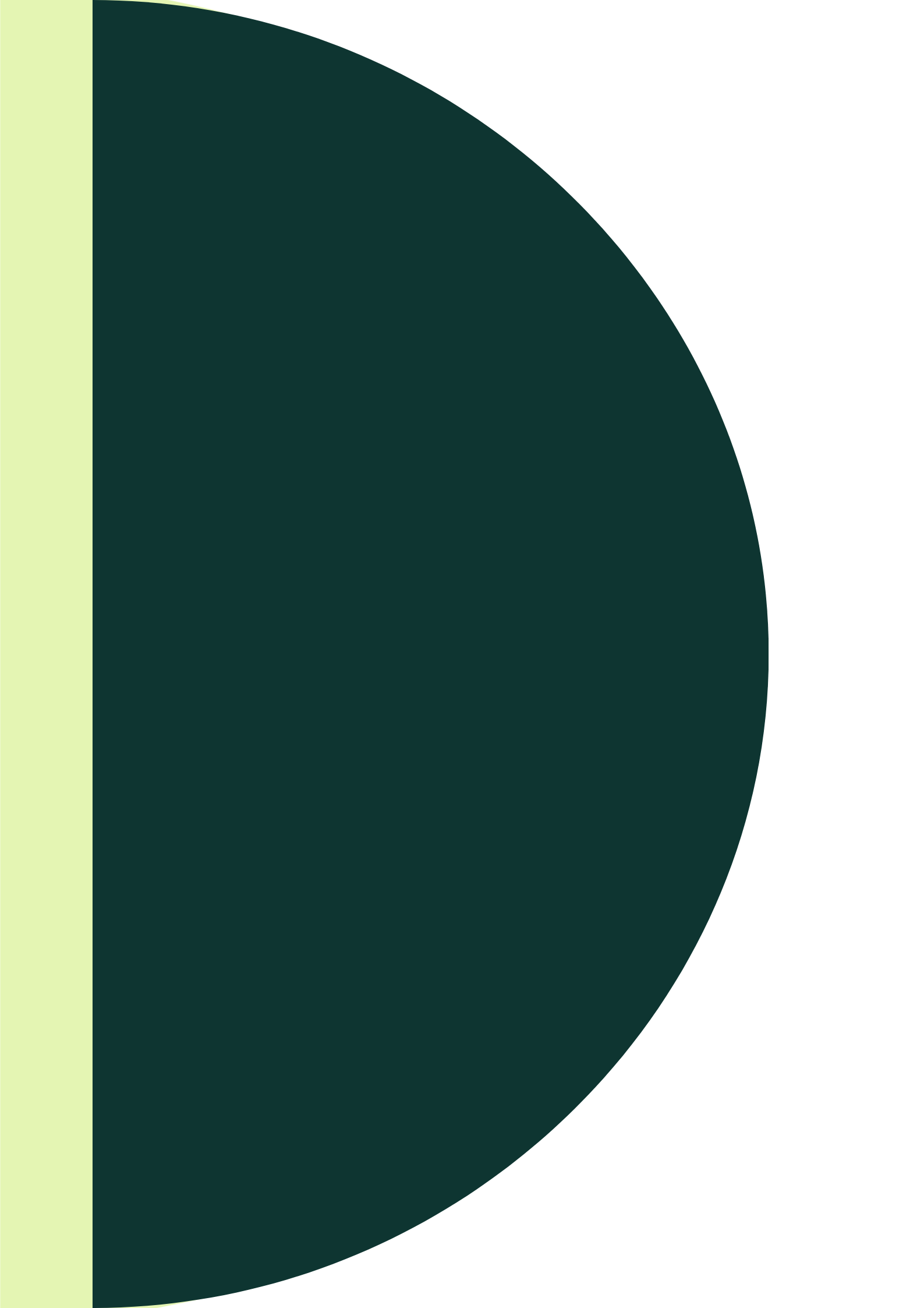 An abstract design featuring a large dark teal circle overlapping a black background with a light green vertical stripe on the left side.