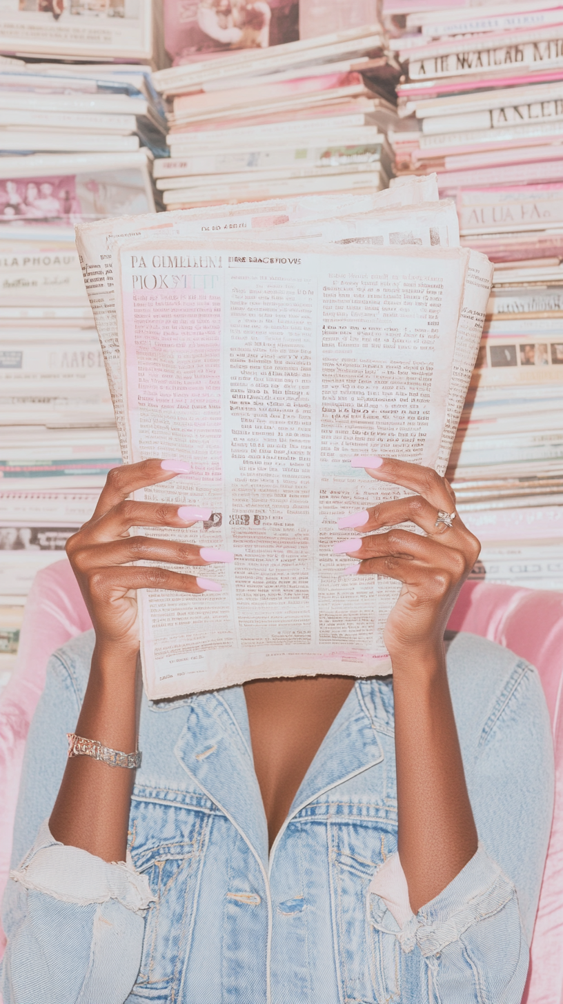 Person holding a newspaper in front of their face, with shelves of magazines or newspapers in the background.