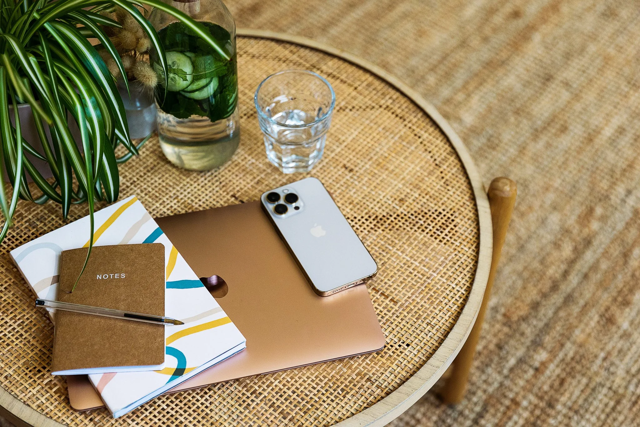 A round wooden table with a woven surface, holding a potted plant with long green and white striped leaves, a glass of water, a smartphone, a notebook labeled "NOTES," a colorful paper notebook, and a pen.
