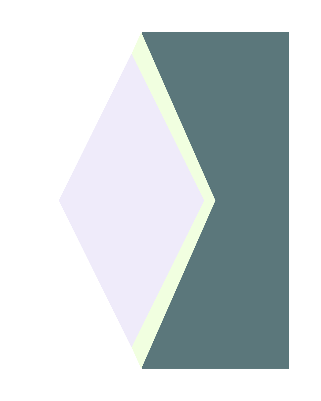 A 3D geometric shape consisting of a white diamond shape in the center, with dark teal and light green surrounding shapes, viewed from the front.