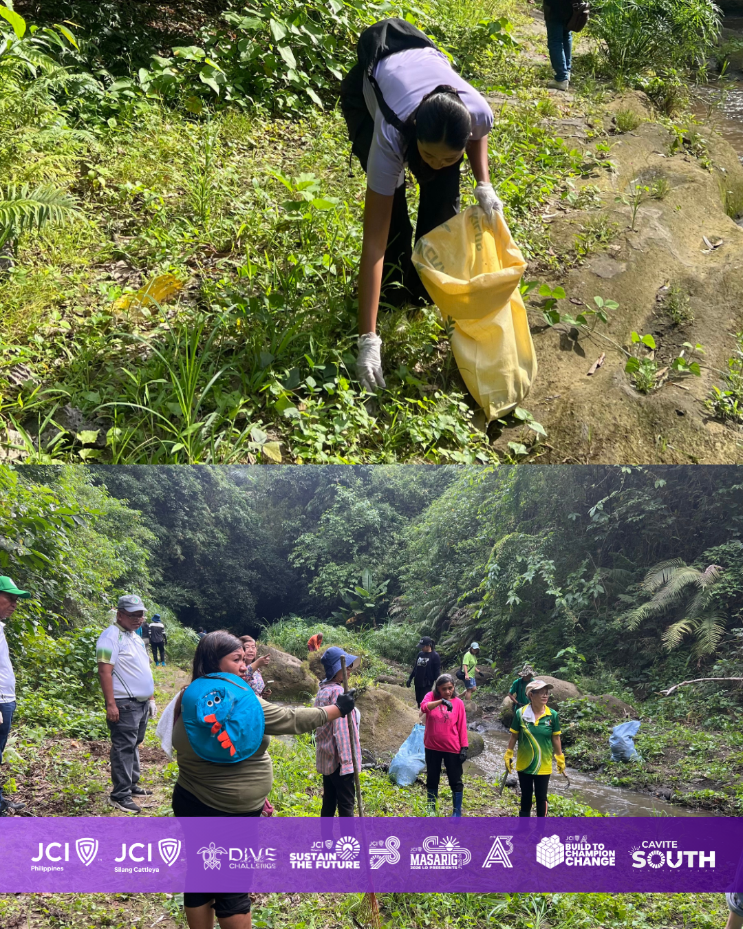 Group of volunteers participating in a river cleanup in a lush green forest, collecting trash and cleaning the environment.