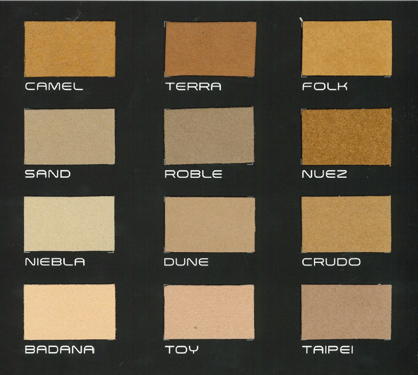 Paleta de colores con nueve tonalidades, de izquierda a derecha y de arriba a abajo: Camello, Tierra, Folk, Arena, Roble, Nuez, Niebla, Dune, Crudo, Badana, Toy y Taipei.