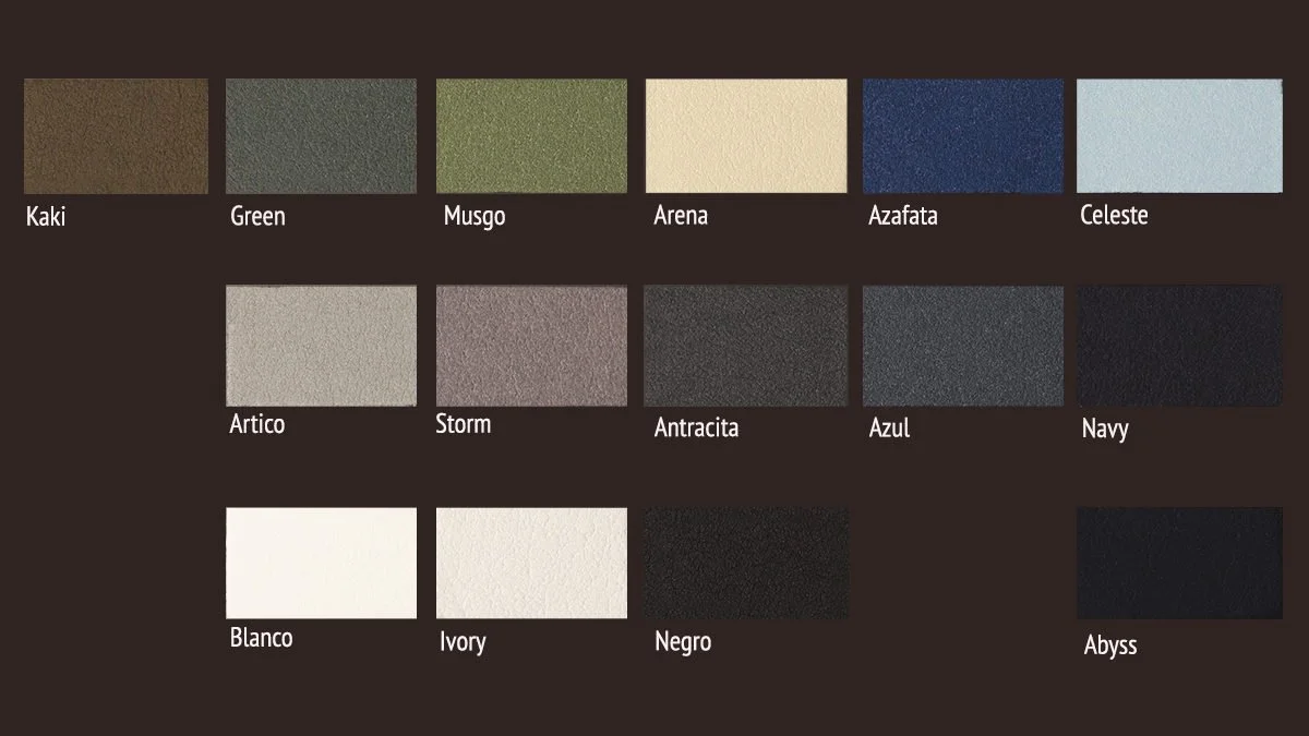 Muestrario de colores de pintura con 15 muestras y nombres en español, incluyendo Kaki, Green, Musgo, Arena, Azafata, Celeste, Artico, Storm, Antracita, Azul, Navy, Blanco, Ivory, Negro y Abyss.