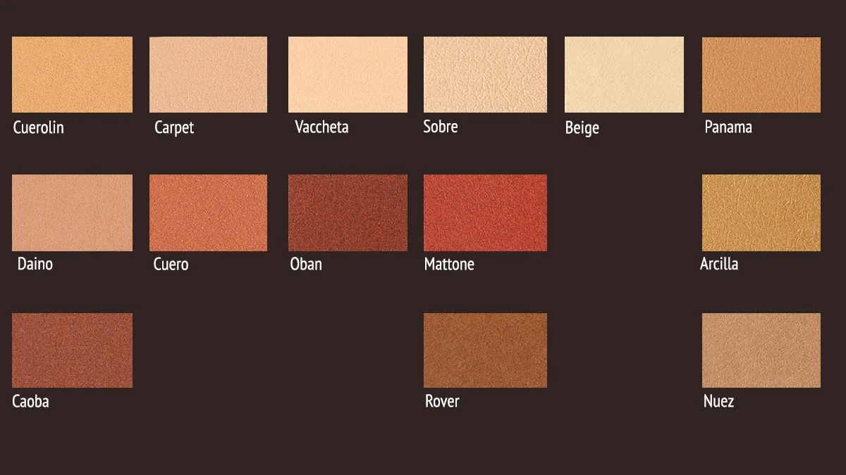 Muestra de variedades de colores de maquillaje en tonos naranjas, beige, rojos y marrones, con nombres como Cuerolín, Carpet, Vacheta, Sobre, Beige, Panama, Daino, Cuero, Oban, Mattone, Arcilla, Caoba, Rover y Nuez.