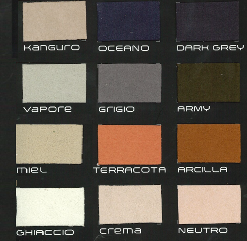 Muestras de colores en una cartulina con nombres en español, incluyendo tonos como kanguro, oceano, gris oscuro, vapor, gris, army, miel, terracota, arcilla, hielo, crema y neutro.
