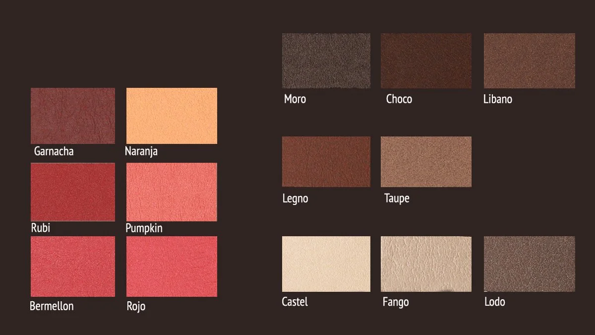 Muestra diferentes muestras de colores y texturas, organizadas en ocho filas y tres columnas, con nombres en español como 'Garnacha', 'Naranja', 'Rubi', 'Pumpkin', 'Bermellon', 'Rojo', 'Moro', 'Choco', 'Libano', 'Legno', 'Taupe', 'Castel', 'Fango', y 'Lodo'.