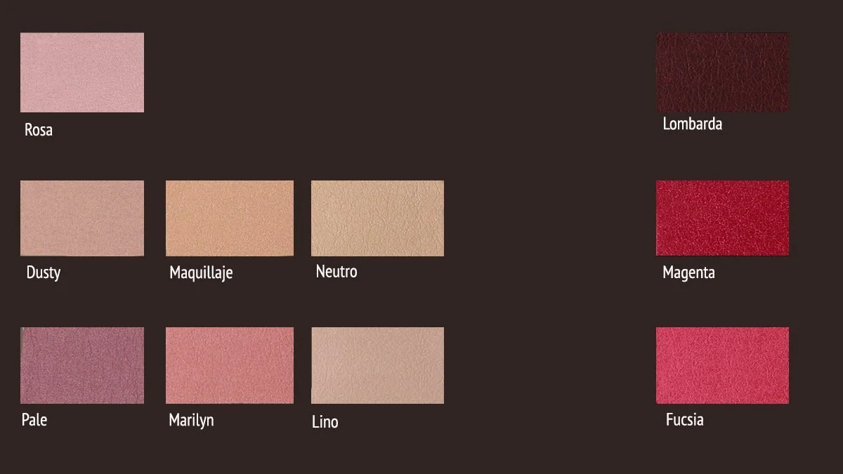 Muestra una paleta de colores de maquillaje con tonos rosados, nude, y rojos, incluyendo rosa, lombarda, dusty, maquillaje, neutro, magenta, pale, Marilyn, lino, fucsia.