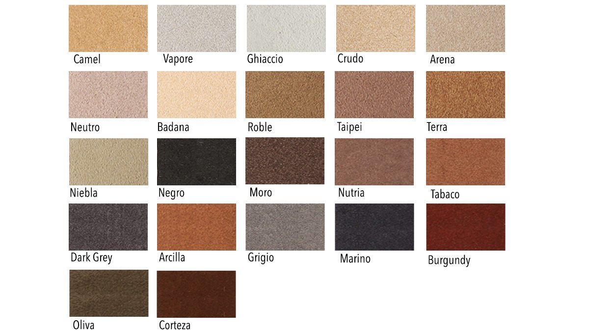 Muestrario de diferentes tonos de colores en cuadrículas, cada uno etiquetado con su nombre, incluyendo Camel, Vapore, Ghiaccio, Crudo, Arena, Neutro, Badana, Roble, Taipei, Tierra, Niebla, Negro, Moro, Nutria, Tabaco, Dark Grey, Arcilla, Grigio, Marino, Burgundy, Oliva y Corteza.