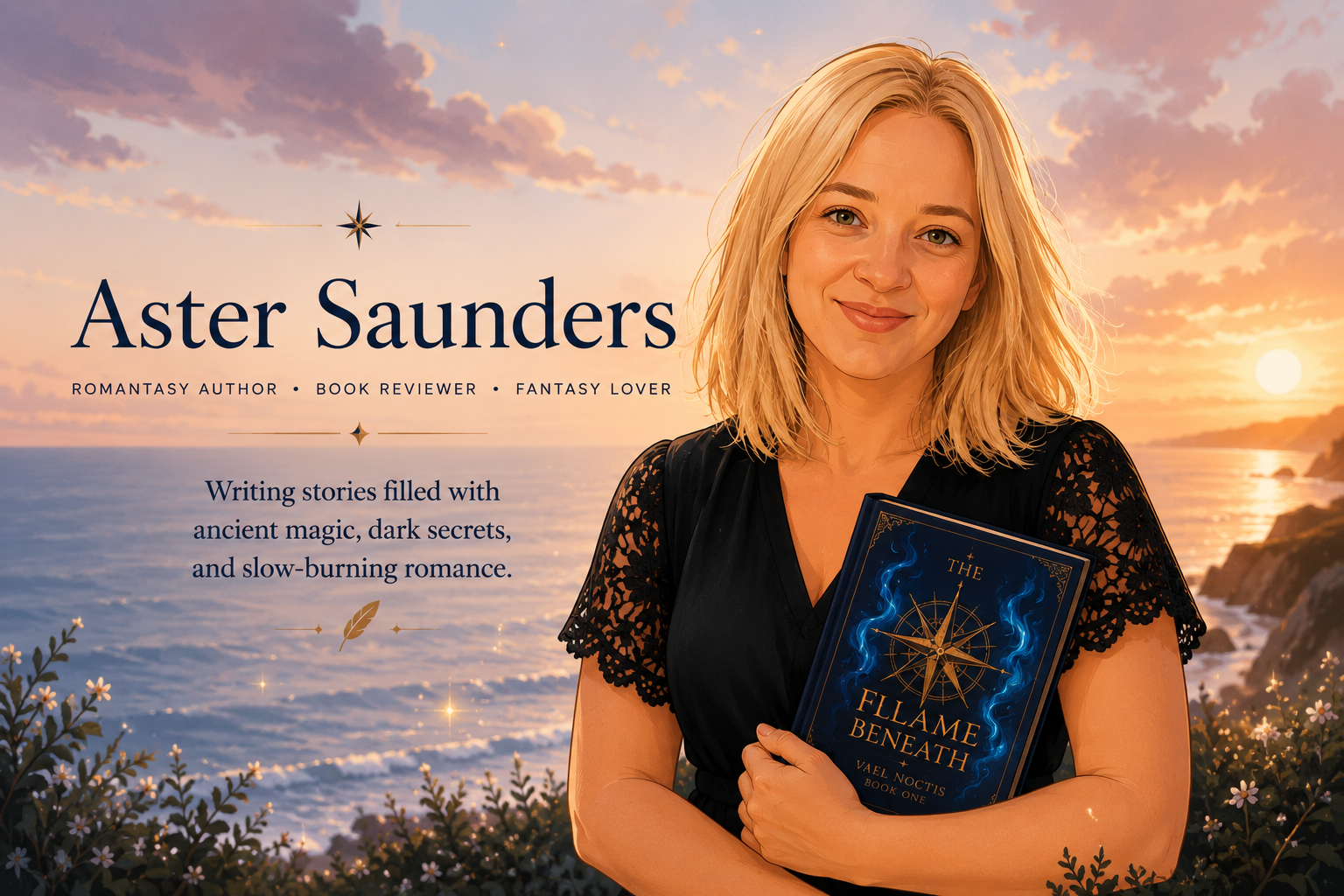 A woman with blonde hair holding a book titled 'The Fillame Beneath' stands outdoors during sunset, with the ocean and rocky coastline in the background, and flowers in the foreground.