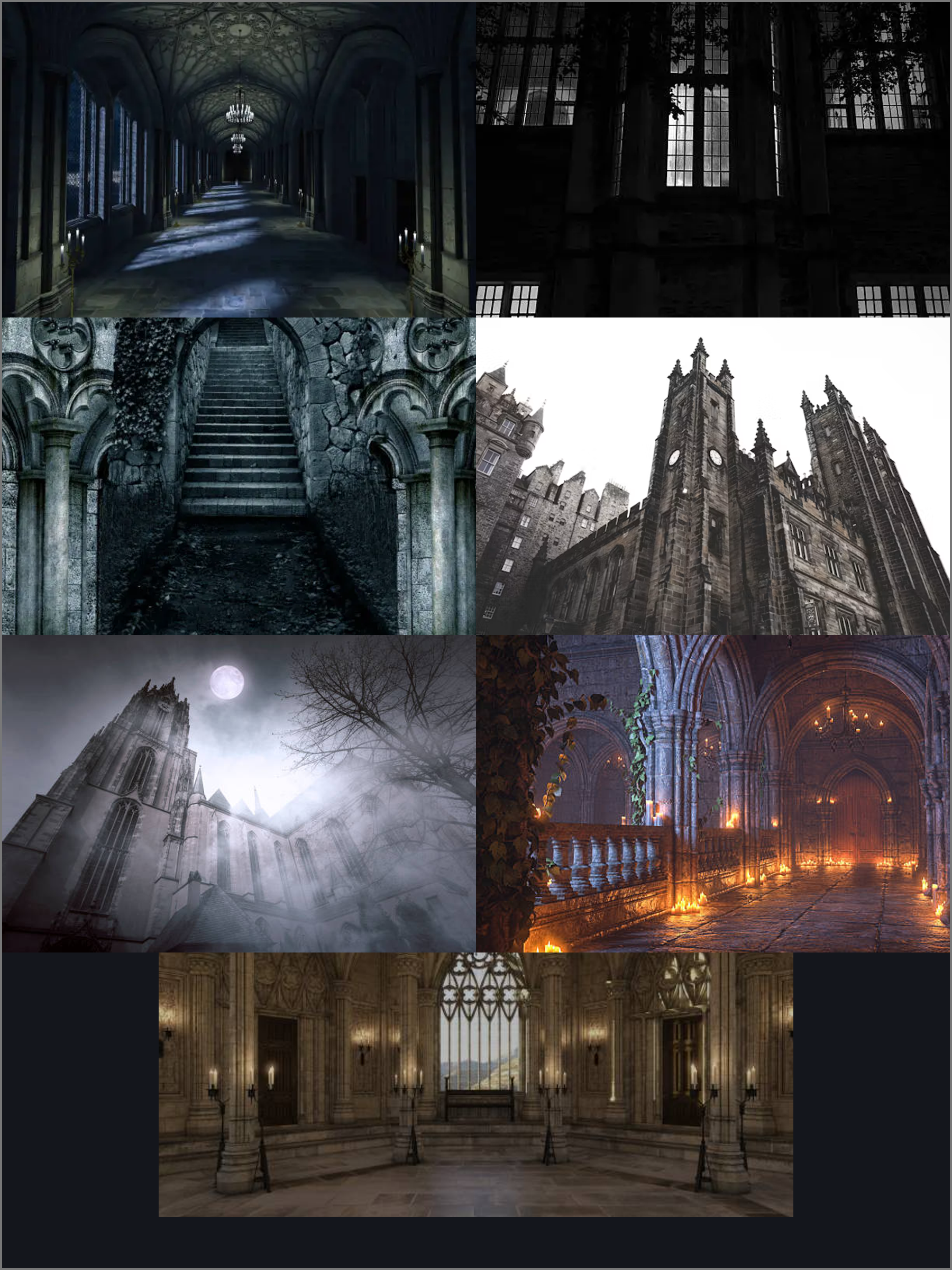 Collage of Gothic architectural scenes, including a dark castle corridor, a black windowed wall, a stone staircase, a castle with turrets viewed from below, a moonlit Gothic church, and an ornate hall with arched windows and wall sconces.