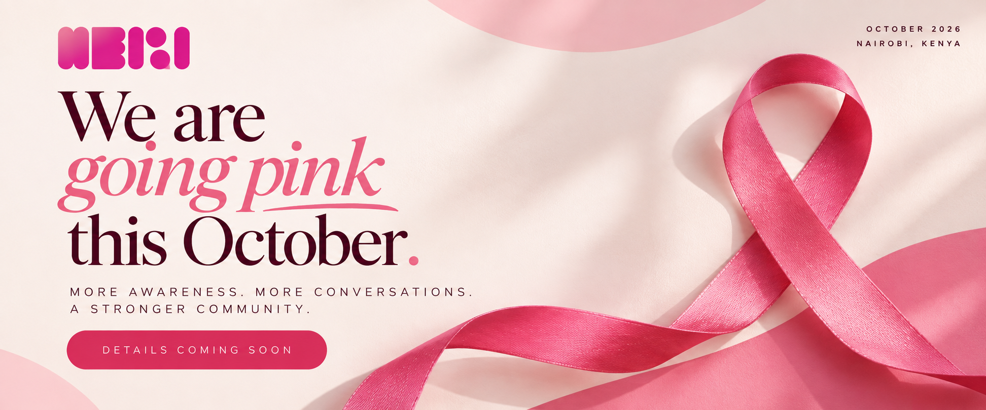 Pink ribbon on pink background promoting breast cancer awareness in October 2026 in Nairobi, Kenya.