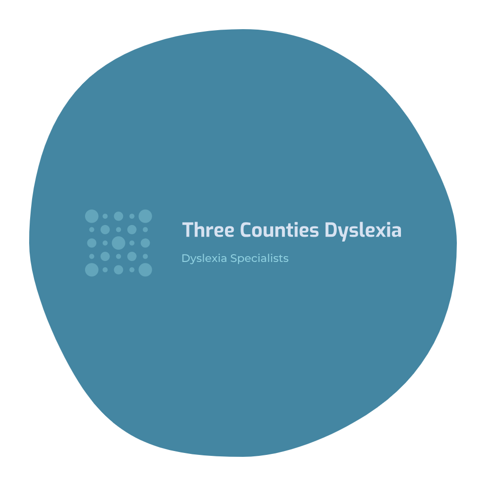 Blue circular logo for Three Counties Dyslexia with a dot pattern and the text 'Three Counties Dyslexia' and 'Dyslexia Specialists'.
