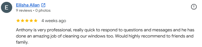 Screenshot of a Google review for a person named Anthony, praising his professionalism and quick responses, with a five-star rating.
