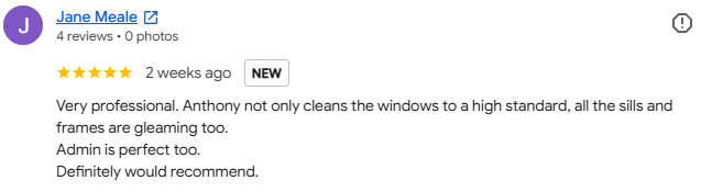 Screenshot of a Google review by Jane Meale praising a window cleaning service by Anthony.