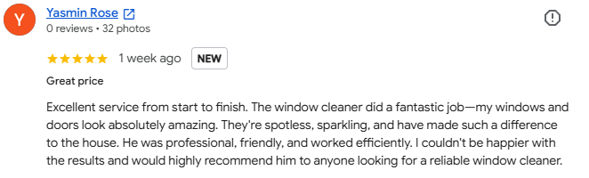 Review for Yasmin Rose praising excellent window cleaning service, highlighting spotless and sparkling windows and doors, professional and friendly staff.
